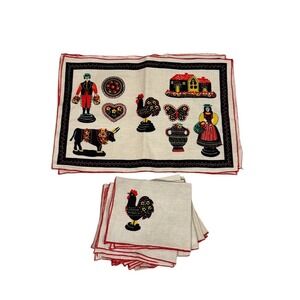 Vtg kitchsy Folk‎ Art Dutch Linen Placemats Napkins Rooster Bull Piece Red Trim